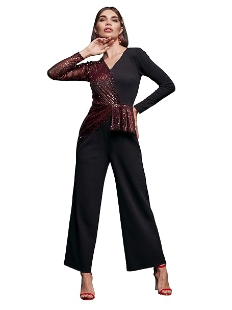 Miss Chase Women's V-Neck Full Sleeve Embellished Asymmetric Regular Length Polyester Jumpsuit with Pockets