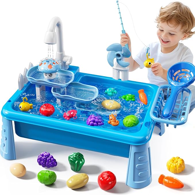 JUKUDAHU - Water table sink toy for 2 3 4 5 6 year old kids outdoor kitchen with running water fishing games water play table for kids ages 3-8