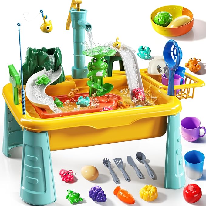 JUKUDAHU Water Table Play Sink Toy for Kids 3 4 5 6 Years Old - Outdoor Kitchen with Running Water, Fishing Games, Toddler Water Play Table for Kids Ages 3-8, Beach Outdoor Toys, Summer Gifts
