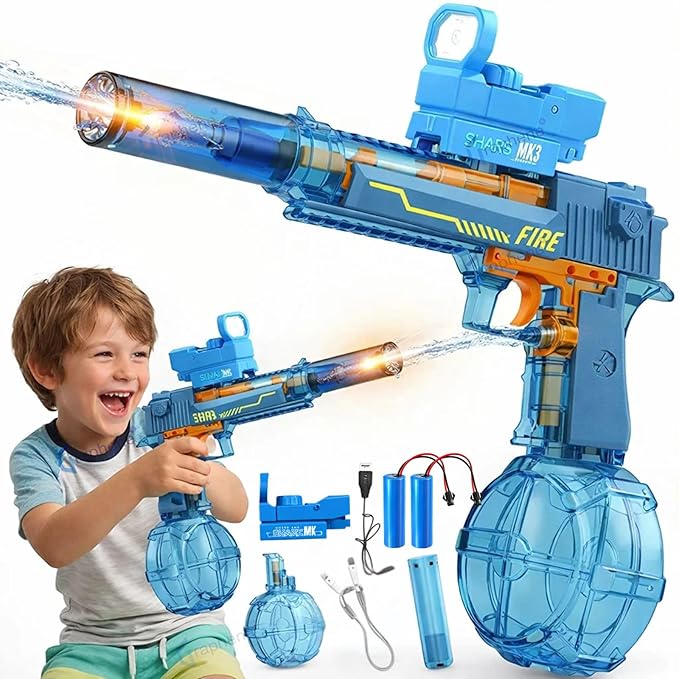 GRAPHENE Automatic Electric Water Gun Toy Holi Pichkari with 2 Rechargeable Battery High Pressure Muzzle Flash Fire Cap 32FT Long-Range Blaster Squirt Watergun for Kids Boy Girl Adult Pool Summer Fun