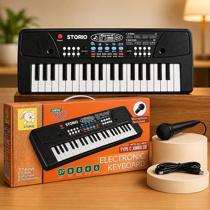 Storio Kids Piano Keyboard with Mic | 37 Keys, 8 Rhythms, 8 Tones & 6 Demo Songs | Electronic Musical Toy for Boys & Girls Age 2-5 | Educational & Recording Keyboard for Beginners