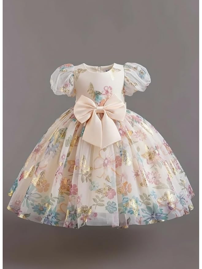 Amazon Brand - Anarva Girls Floral Net Dress with Bow Kids Fancy Frock with Puff Sleeves & Butterfly Print Birthday Wedding Dress for Baby Girls