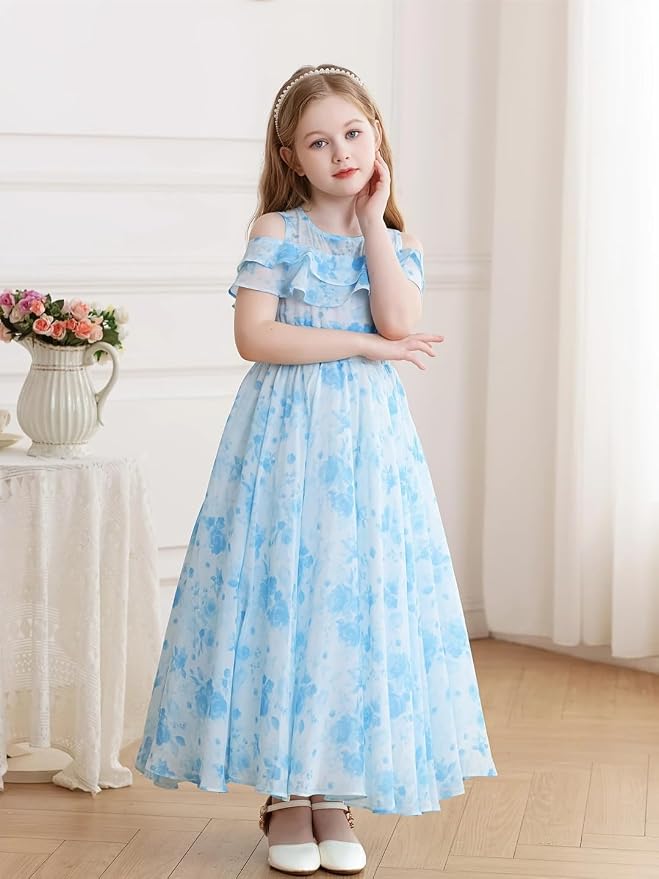Amazon Brand - Anarva Girls Princess Party Gown Cold Shoulder Floral Maxi Dress