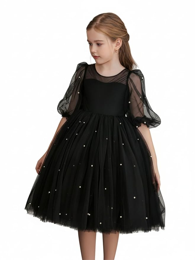 Amazon Brand - Anarva Girls Pearl Flutter Sleeve Gown Solid Tulle Party Dress