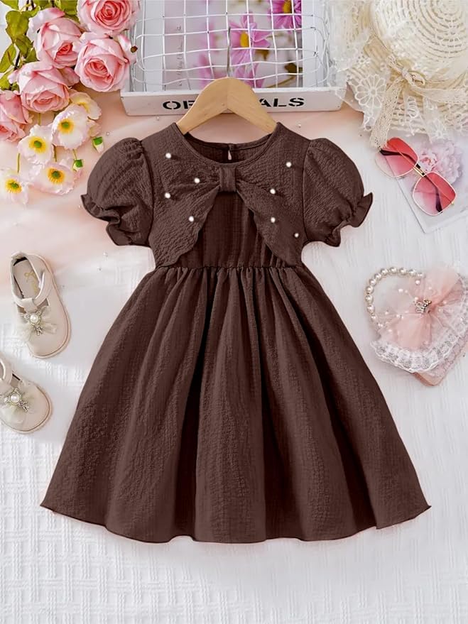 Amazon Brand - Anarva Baby Girls Dress with Bow Kids Solid Fit & Flare Frock with Puff Sleeves & Pearl Detail Birthday Wedding & Casual Dress for Girls