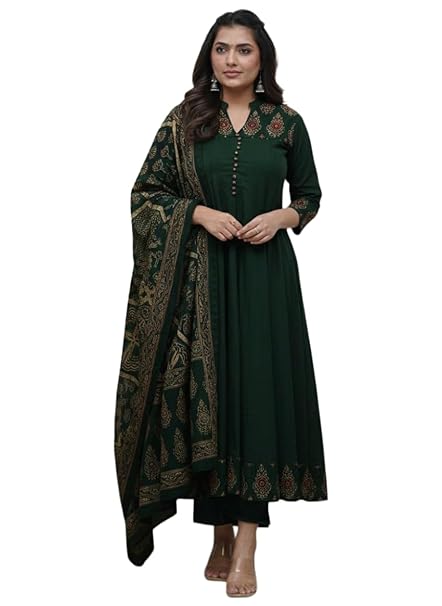 GoSriKi Women's Rayon Viscose Anarkali Printed Kurta Pant with Dupatta | Anarkali Kurta Set for Women | Flared Kurti Pant Set | Ethnic Printed Suit for Women