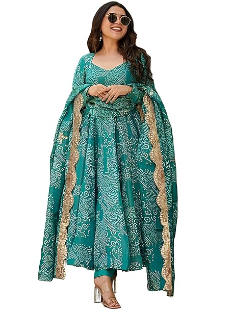 Pinkmint Women's Bandhani Print Flared Anarkali Muslin Kurta Set with Pant & Stylish Dupatta Ethnic Long Sleeve Dress Suit Set (Avaiable in Plus size)