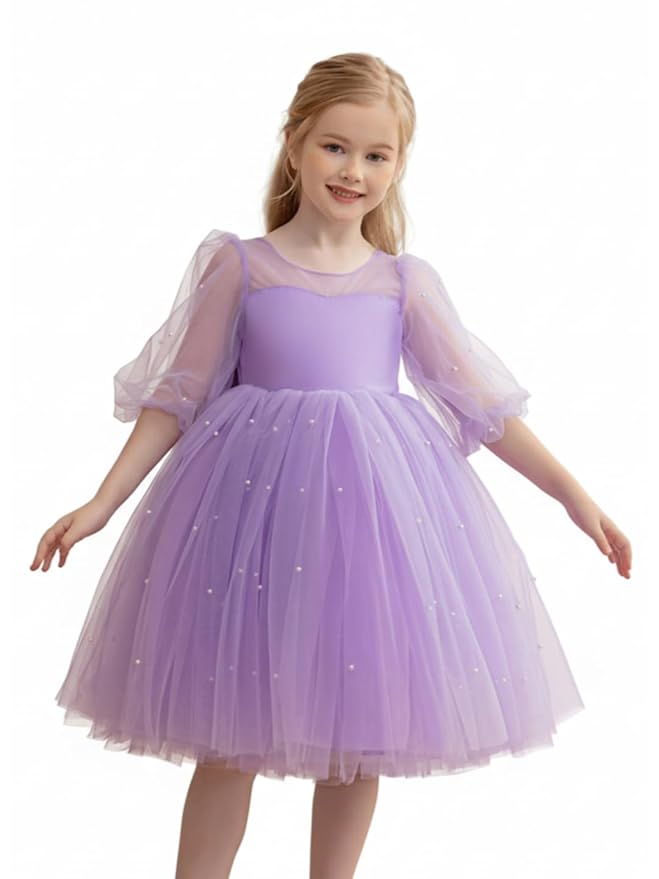 Amazon Brand - Anarva Girls Pearl Flutter Sleeve Gown Solid Tulle Party Dress