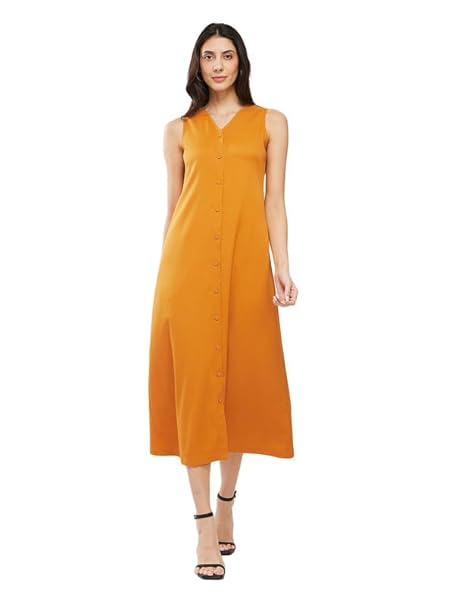 FableStreet Women Casual Midi Cotton Button Down A-Line Dress | Button Down Flowly Dress Perfect for Outings