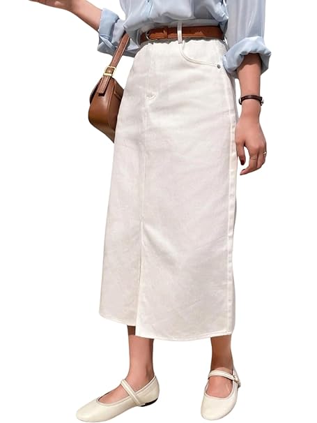 GRECIILOOKS Women's High Waist White Denim Skirt with Front Slit – Long Maxi Jean Skirt Casual Fashion – Stylish Denim Skirts for Women