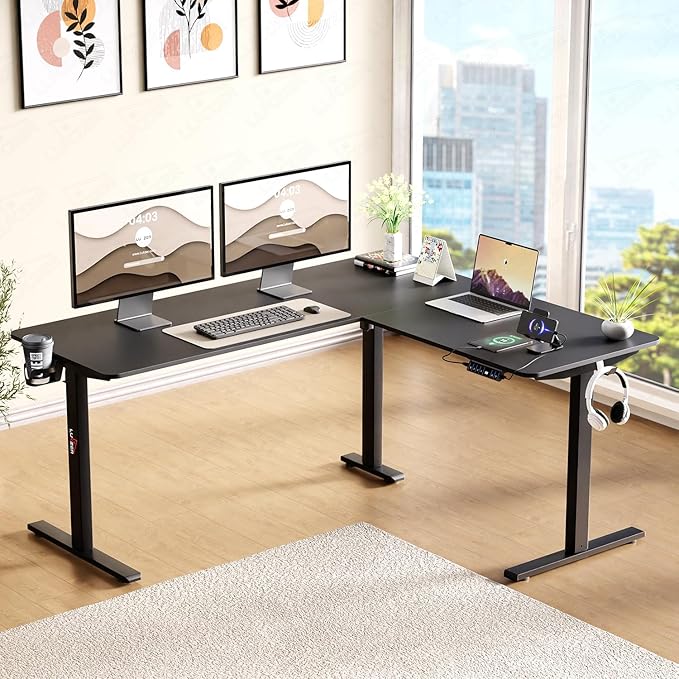 Lukzer L-Shape Electric Height Adjustable Desk with USB & Type-C Digital Display Advance Memory Preset Sit Stand Home Office Table | EST-001/UC-Black & Black | DIY Setup with 3 Years Warranty