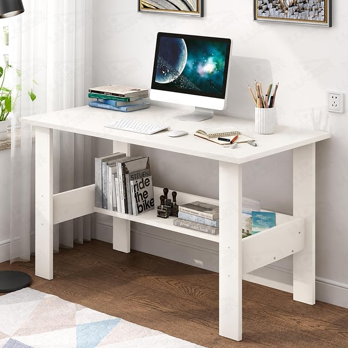 Lukzer Engineered Wood Computer Desk with One Tier Shelves | ST-004/White | Laptop Study Table for Office Home Workstation Writing Modern Desk (90 x 50 x 75 cm)