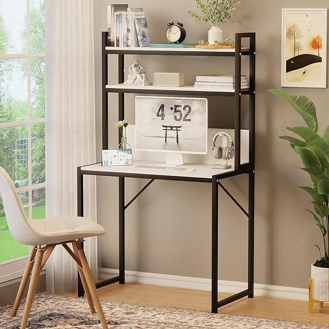 Lukzer 3-Layer Standing Computer Desk with Built-in Bookshelves & Storage Units | Engineered Wood & Metal Study Table for Home, Office, Students (MST-006 / Black & White / 147x84x50cm)