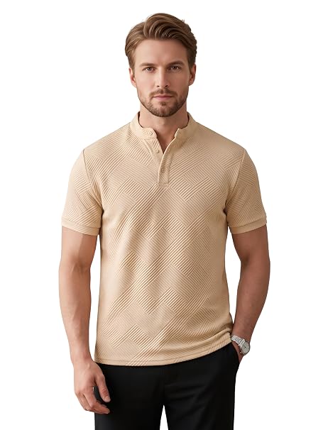 Leriya Fashion Men’s Textured Mandarin Collar T-Shirt | Premium Casual Polo Style T Shirt for Men | Smart Casual Office, Party &Everyday Wear