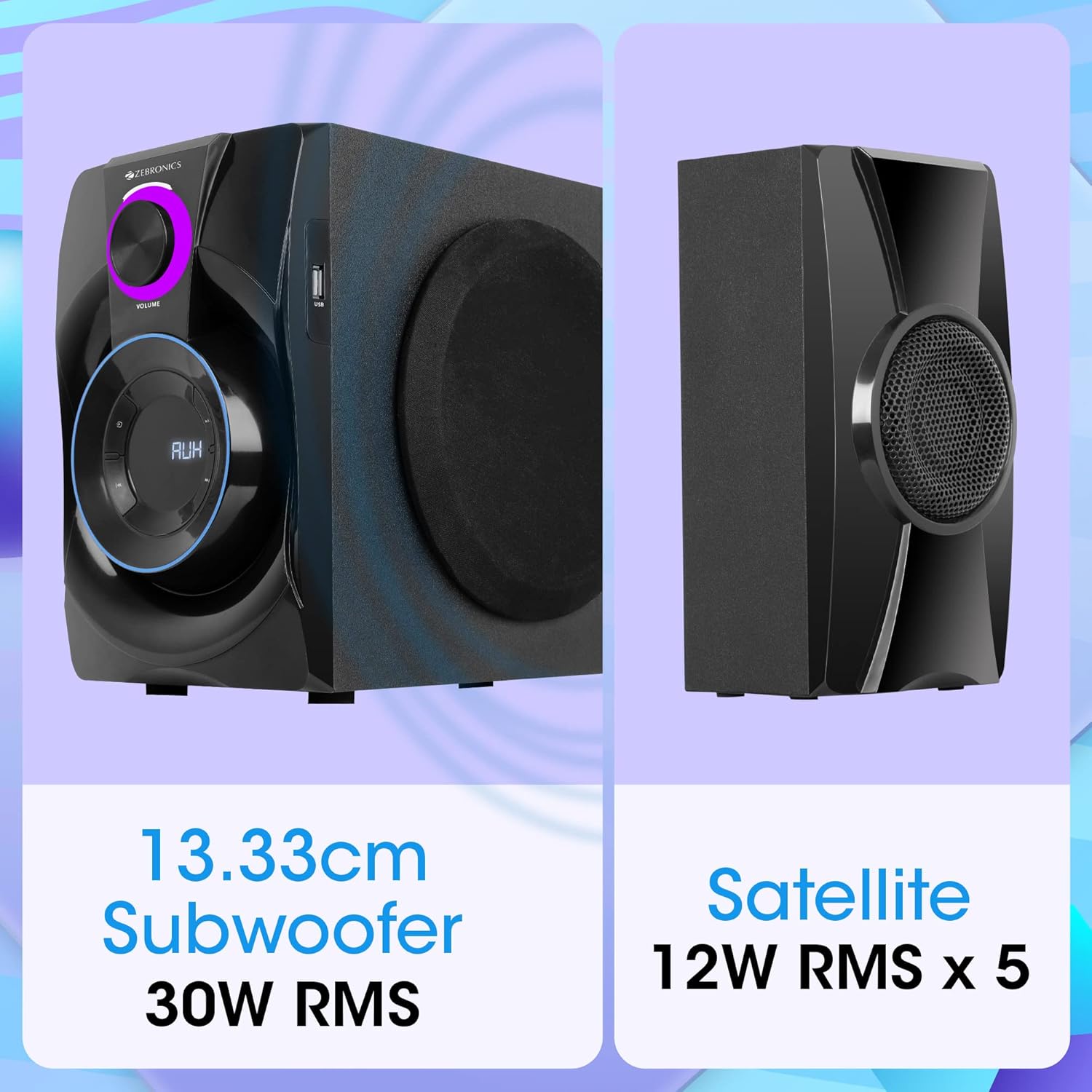ZEBRONICS Basso 100 5.1 Home Theater Speaker with 5.25" Subwoofer, 90W RMS Powerful Bass, Bluetooth 5.1, Wall Mount, AC-3 Surround Sound, RGB Ring Light, Remote Control & LED Display