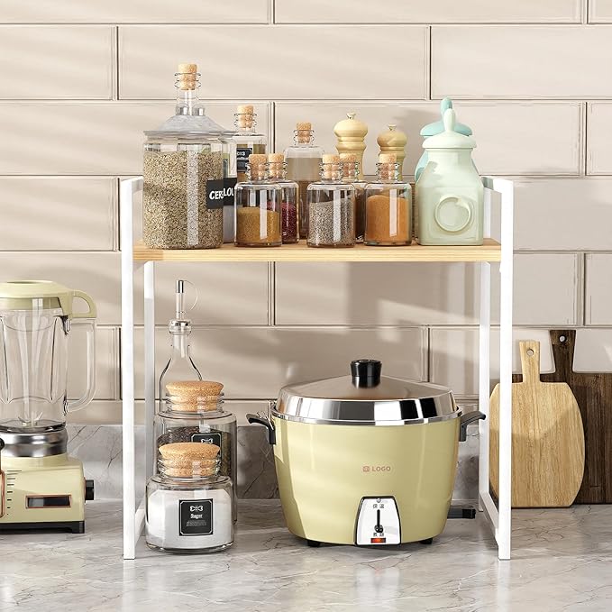 Lukzer 1-Tier Multipurpose Storage Rack - Heavy Duty Metal & Wooden Kitchen Organizer | Space Saving Microwave Oven Stand for Modular Kitchen, Living Room, Bedroom & Office (MKR-001/White & Oak Light)