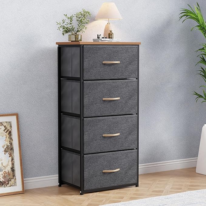Lukzer Fabric Chest of 4 Drawers Closet Drawer Organizer for Wardrobe | Fabric Drawer Storage for Closet Living Room/Bedroom Metal Storage Bookshelf Organizer (MMR-002/Black & Oak Brown) - 45x30x93cm