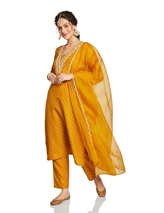 Amazon Brand - Myx Women's Embroidered Kurta Set with Organza Dupatta (Available in Plus Sizes)