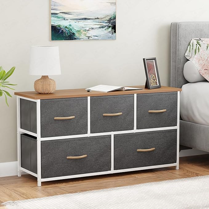 Lukzer Multipurpose Dresser with 5 Fabric Drawers | Sturdy Metal Storage Organizer for Bedroom, Closet & Hallway | Metal Frame & Engineered Wood Top with 5 Pull Drawers (White & Oak Brown/MMR-003)