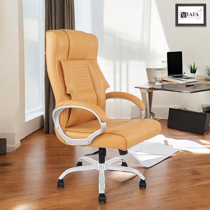 IAFA FURNITURE® Imperium | Leatherette Ergonomic Boss Chair | Spacious Cushioned Seat | High Back Executive Chair | Fixed Padded Armrests | Heavy Duty Metal Base | 2 Years Warranty (Mustard) (DIY)