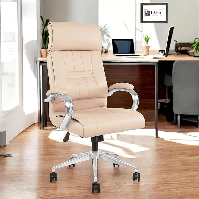 IAFA FURNITURE® Zen | Leatherette Ergonomic Boss Chair | Plush Padded Seating | High Back Executive Chair | Fixed Padded Armrests | Multi-Lock Mechanism | Metal Base | 2 Years Warranty (Beige) (DIY)