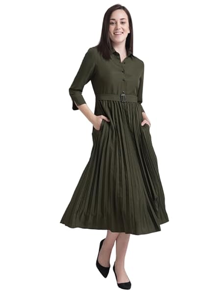 FableStreet Women's Polyester Collared Pleated Fit and Flare Midi Dress - Olive (DR534OLIV)