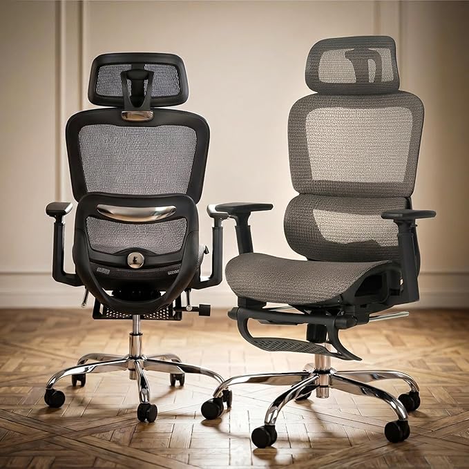 DROGO Proflex Ergonomic Office Chair for Work from Home, Computer Chair with Breathable Mesh, Adjustable Seat, Footrest, 3D Armrest, 2D Headrest & Lumbar Support | Mesh Chair for Office/Home (Grey)