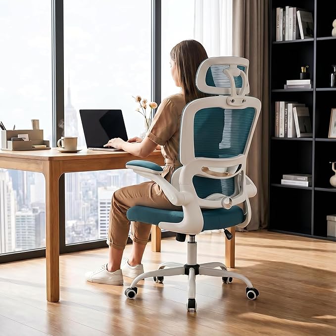 DROGO Premium Ergonomic Office Chair for Work from Home, High Back Computer Chair with Adjustable Seat, Lumbar Support & Headrest, Flip-up Armrest & Recline | Mesh Chair for Office/Home (Teal)