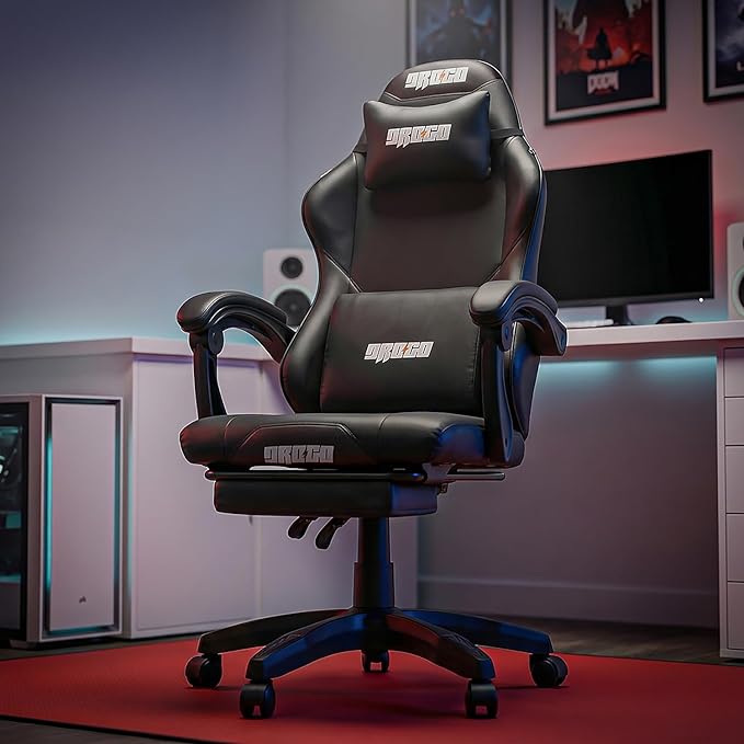 DROGO AuraXI Limited Edition Gaming Chair | Ergonomic High-Back Design Chair with Footrest | Premium PU Leather | Armrests | Computer Chair with Adjustable Neck & Lumbar Support (Black/Black)