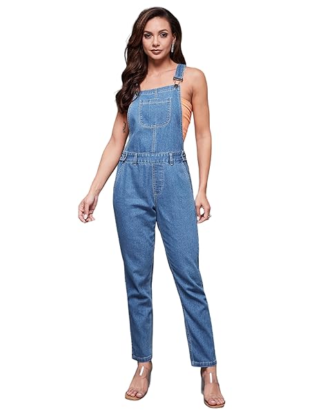 Miss Chase Women's Blue Solid Regular Fit Full Length Denim Dungaree