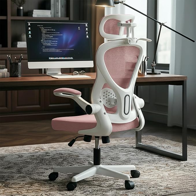 DROGO Ergonomic Office Chair for Work from Home with Breathable Mesh, Flip-up Armrest, Adjustable 3D Headrest & Lumbar Support | Computer Chair for Study | Gaming Chair with 130° Recline (White/Pink)