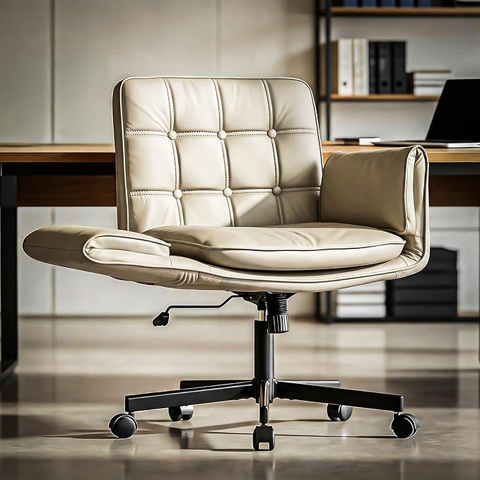 DROGO Zen Atora Ergonomic Criss Cross Legged Office Chair for Work with 5 Gear Armrest & Wide Thick Cushion Seat | PU Leather Computer Chair with Adjustable Height, Recline & Heavy Metal Base (Beige)