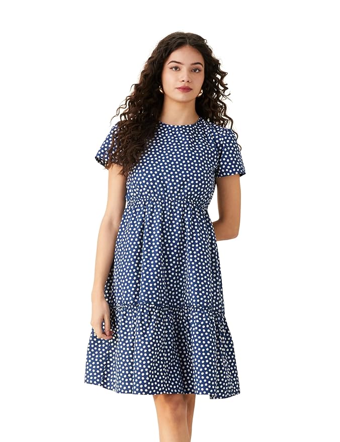 Amazon Brand - Symbol Women Rayon Fit and Flare One Piece Knee Length Tiered Dress (Available in Plus Sizes)