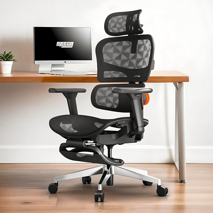 DROGO Advanced Sitsmart Premium Ergonomic Office Chair for Work from Home, Computer Chair with Adaptive Lumbar Support & Headrest, 4D Armrest,Footrest & Recline, Desk Mesh Chair for Office/Home(Black)