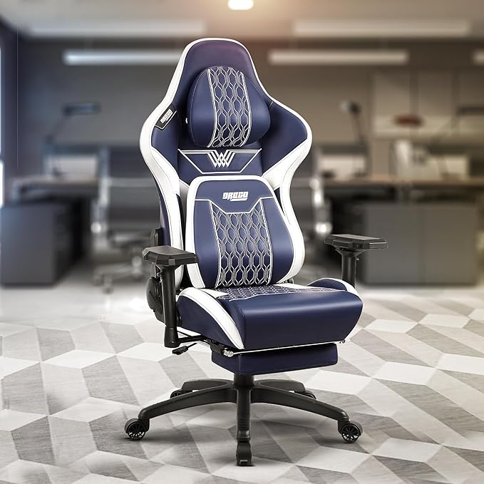 DROGO Ergonomic Gaming Chair with Premium PU Leather | Computer Chair for Study with Armrest, Neck & Massager Lumbar Pillow | Office Chairs for Work with Recline (Viper, Blue)