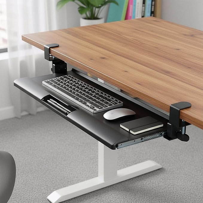 Amazon Basics Ergonomic Under-Desk Keyboard Tray | Slide-Out Design with Sturdy C-Clamps | Space-Saving | Non Drill Clamp On Mount | Fits Desks Upto 48mm Thickness | 68 L x 28.3 W x 2.9 H cm