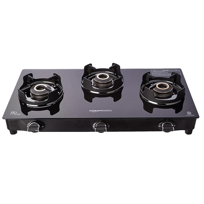 Amazon Basics 3 Burner Glass Top Gas Stove - Auto Ignition, 5G Brass Burners, Crown Pan Supports, ISI Approved, Toughed Glass Top, Anti Skid Legs – Black