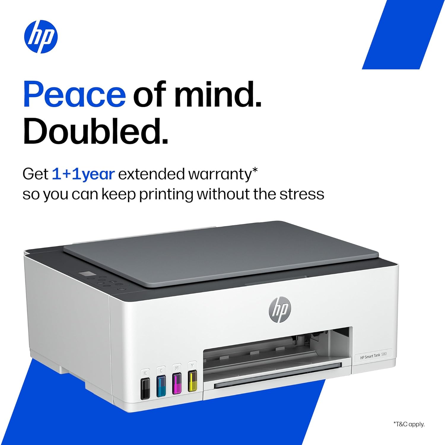 HP Smart Tank 580 All-in-One WiFi Colour Printer | 1 Extra Black Ink Bottle | 1+1 Year Extended Warranty on Registration| Up to 8000 Black & 6000 Colour Prints I Print,Scan & Copy for Office/Home