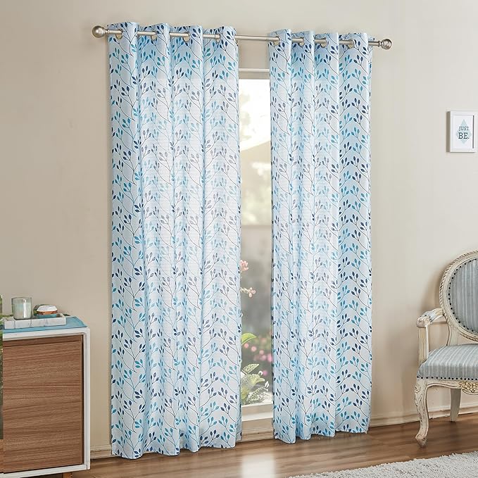 Amazon Brand - Solimo Polyester 75% Blackout Leaf Print Door Curtains|75% Room Darkening|7 Feet|Set of 2|Leaf Print Design|for Living Room Kids Room & Bedroom | Color- White & Blue| Light-Filtering