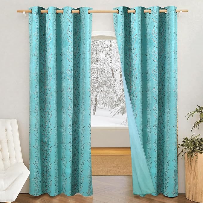Amazon Brand - Solimo Polyester 75% Blackout Velvet Foil Door Curtains|Blackout Door Curtains|7 Feet|Set of 2|Leaf Print Design |for Living Room Kids Room and Bedroom |Blue|Light-Filtering