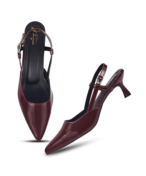 JM LOOKS Women’s Kitten Heel Slingback Heel | Pointed Toe Patent Dress Shoes with Adjustable Strap