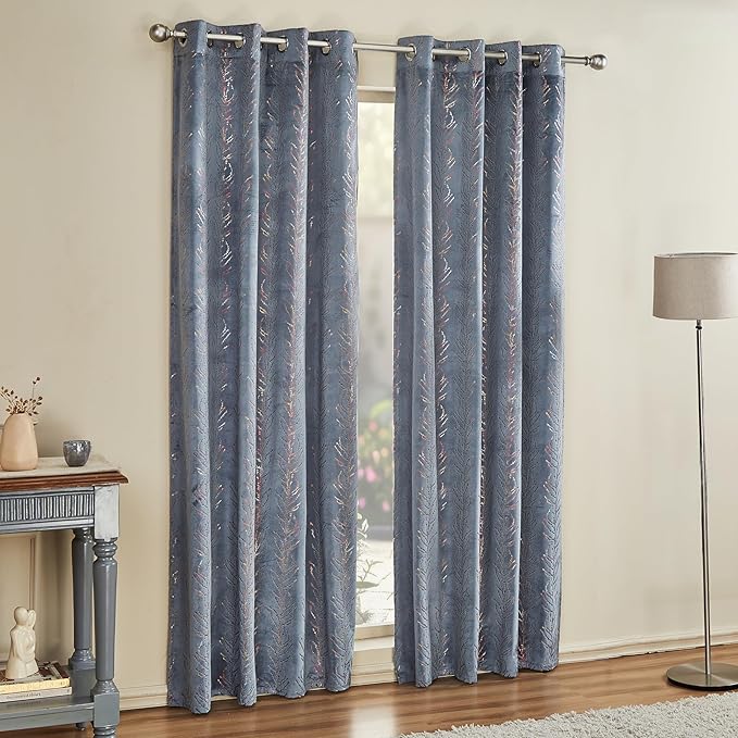 Amazon Brand - Solimo Polyester Velvet FOIL Door Curtains (Pack of 2, 7 FEET, Grey) | LeafBlackout, Grommet