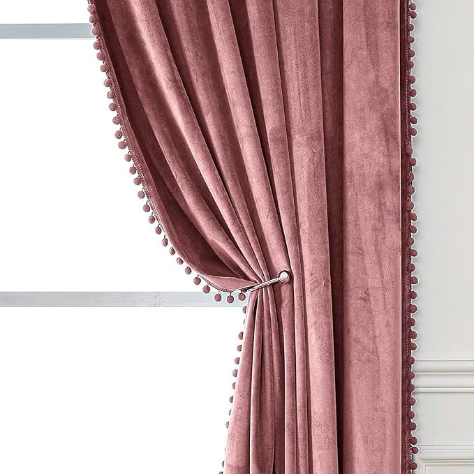 Amazon Brand - Umi blackout Velvet Eyelet Door Curtains with pom pom Lace for Living Room Bedroom Kitchen 2 pc Pack in Blush Color (Windows - 4 feet x 5 feet)