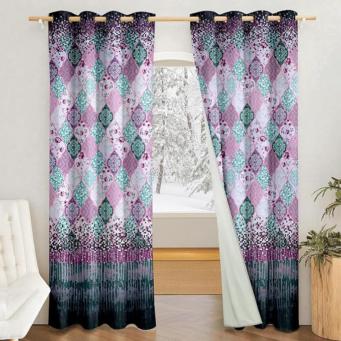 Amazon Brand - Solimo Polyester 100% Blackout Printed Door Curtains|Blackout Door Curtains|7 Feet|Set of 2|Printed Design |for Living Room Kids Room and Bedroom |Dark Brown - Pink Green