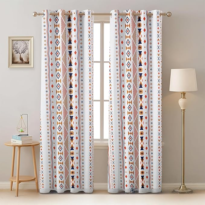 Amazon Basics - Geometric Print Light Filtering Curtains | 100% Cotton 150 TC | Set of 2 | 7 Feet | 115 x 210 cm | Multi-Color | Eyelets & Tiebacks| Ideal for Bedroom and Living Room