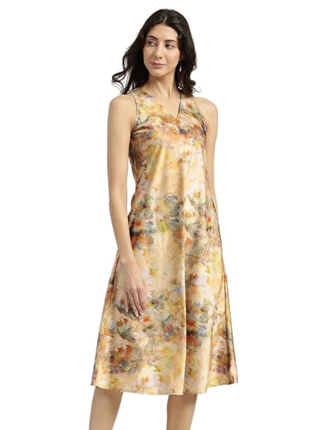 FableStreet Women Party Dress | Elegant A-Line Fit Midi Length V-Neck Sleeveless | Lustrous Satin Fabric for Evening Gatherings & Celebrations