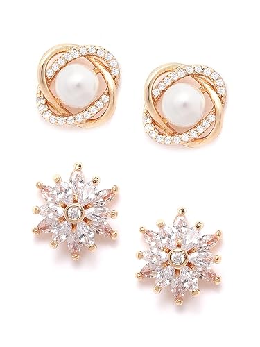 Zaveri Pearls Set of 2 Gold Tone Contemporary Cubic Zirconia Brass Stud Earrings For Women-ZPFK11160