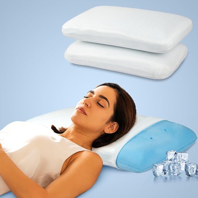 amazon basics Memory Foam Cooling Gel Orthopedic Pillow Set of 2 | Highly Breathable | Suitable for Shoulder Pain Relief, Back Sleeper, Side Sleeper & Stomach Sleeper (22 x 15 x 4 inch)