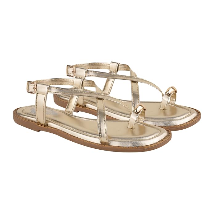 Shoetopia Women's Metallic Criss-Cross Strap Flat Sandals – Elegant Toe-Ring Slides with Ankle Buckle