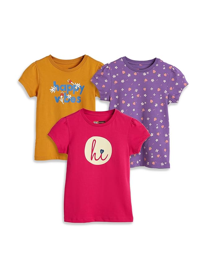 Amazon Brand - Symbol Girls 100% Cotton Graphic Printed Half Sleeves T-Shirt | Age 2-14 Years (Combo Pack of 3 and 5)